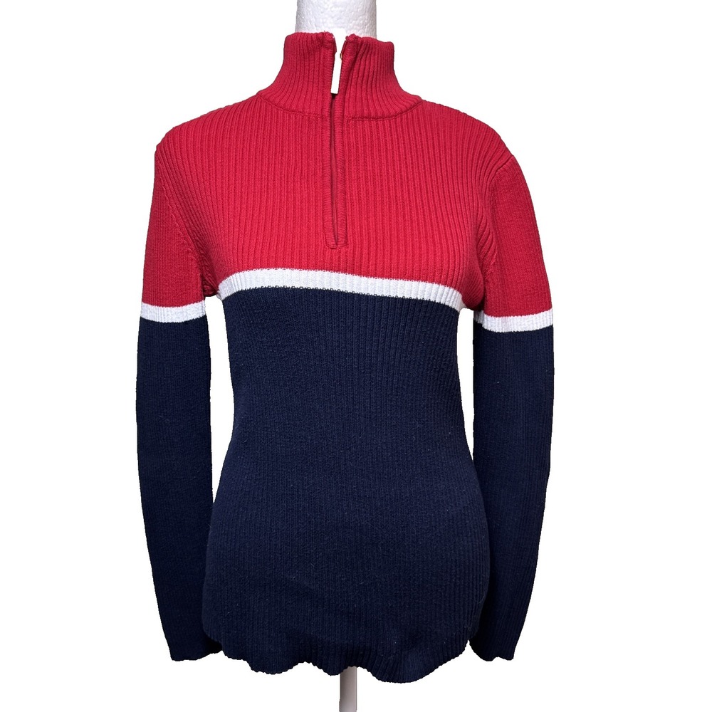 Vintage Liz & Co 1/4 Zip Ribbed Knit Sweater L‎ Red Navy Colorblock Cotton Retro